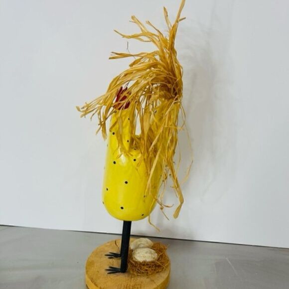 SIGNED 15" TALL Edith John, folk art chicken hen WITH NEST Wood & Straw 15" from - Picture 3 of 6